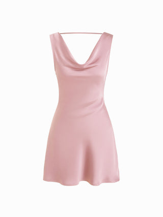 Satin Cowl Neck Backless Metal Detail A-line Mini Dress