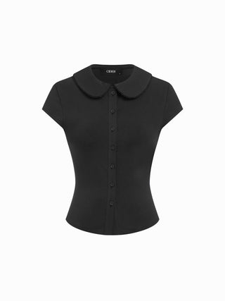 Cotton-blend Collar Lace Trim Button Front Tee