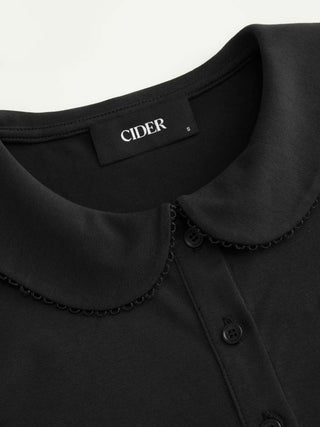 Cotton-blend Collar Lace Trim Button Front Tee