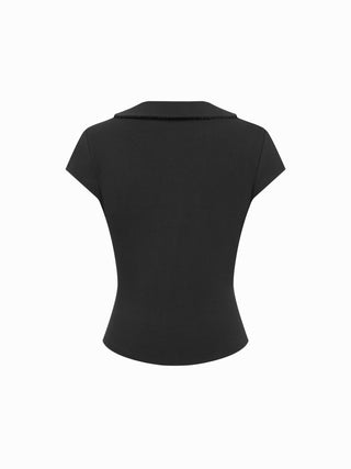 Cotton-blend Collar Lace Trim Button Front Tee
