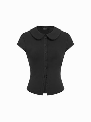 Cotton-blend Collar Lace Trim Button Front Tee