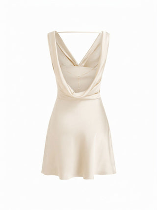 Satin Cowl Neck Backless Metal Detail A-line Mini Dress