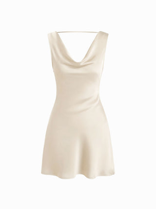 Satin Cowl Neck Backless Metal Detail A-line Mini Dress