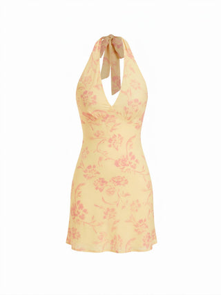 Chiffon Floral Halter Neckline Backless Mermaid Mini Dress