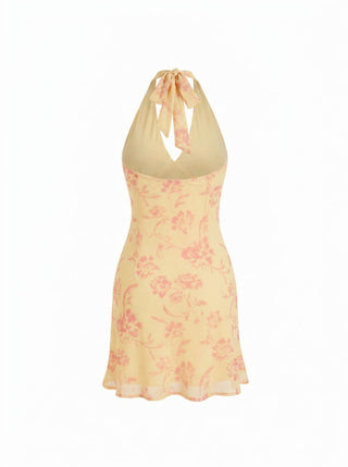 Chiffon Floral Halter Neckline Backless Mermaid Mini Dress