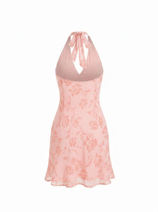 Chiffon Floral Halter Neckline Backless Mermaid Mini Dress