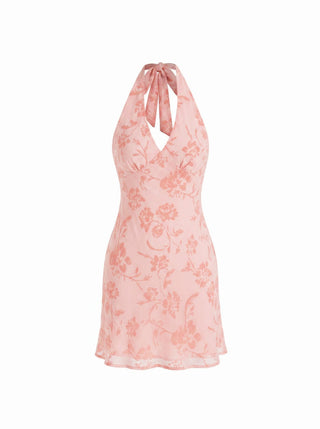 Chiffon Floral Halter Neckline Backless Mermaid Mini Dress
