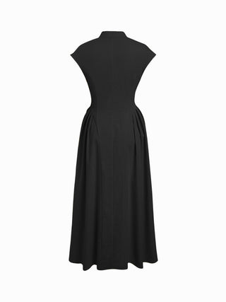 Stand Collar Tie-Neck Short Sleeve Draped Pocket Flared Maxi Dress
