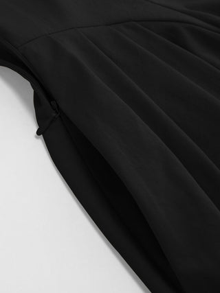 Stand Collar Tie-Neck Short Sleeve Draped Pocket Flared Maxi Dress