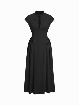 Stand Collar Tie-Neck Short Sleeve Draped Pocket Flared Maxi Dress