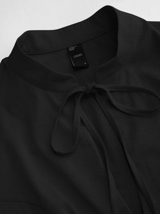 Stand Collar Tie-Neck Short Sleeve Draped Pocket Flared Maxi Dress