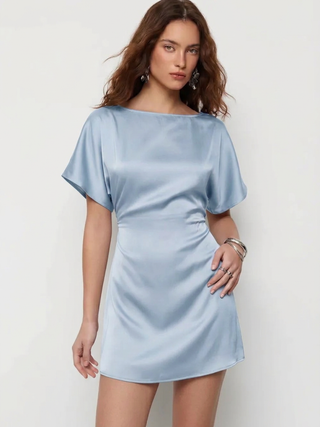 Satin Boat Neck Batwing Sleeve Oversized Mini Dress