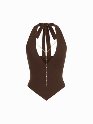 High Stretch Halter Neckline Chain Detail Asymmetrical Hem Crop Top