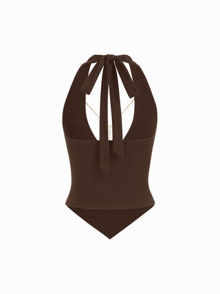 High Stretch Halter Neckline Chain Detail Asymmetrical Hem Crop Top