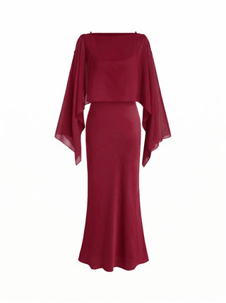 Satin Off-shoulder Cloak Sleeve Wrap Mermaid Maxi Dress