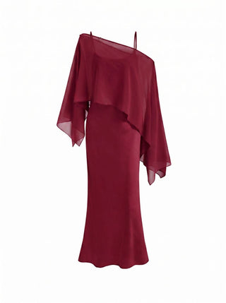 Satin Off-shoulder Cloak Sleeve Wrap Mermaid Maxi Dress