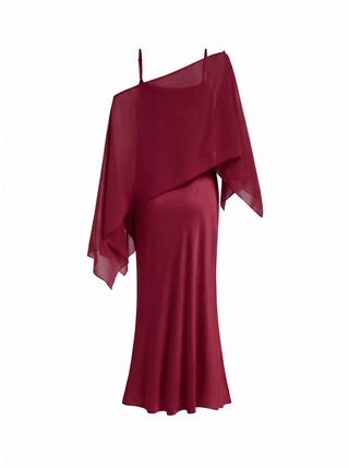 Satin Off-shoulder Cloak Sleeve Wrap Mermaid Maxi Dress