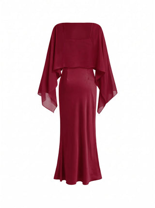 Satin Off-shoulder Cloak Sleeve Wrap Mermaid Maxi Dress