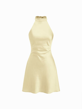 Satin Halter Neckline Backless Bowknot A-line Mini Dress