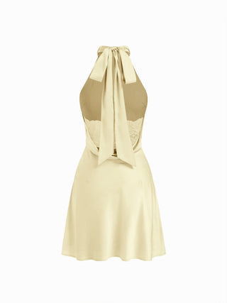 Satin Halter Neckline Backless Bowknot A-line Mini Dress