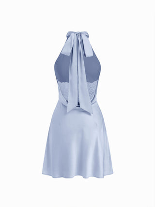 Satin Halter Neckline Backless Bowknot A-line Mini Dress