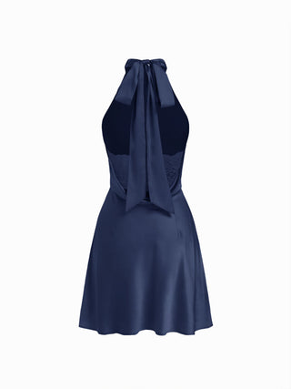 Satin Halter Neckline Backless Bowknot A-line Mini Dress