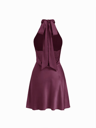 Satin Halter Neckline Backless Bowknot A-line Mini Dress
