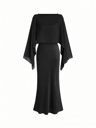 Satin Off-shoulder Cloak Sleeve Wrap Mermaid Maxi Dress