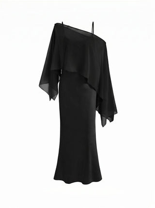 Satin Off-shoulder Cloak Sleeve Wrap Mermaid Maxi Dress