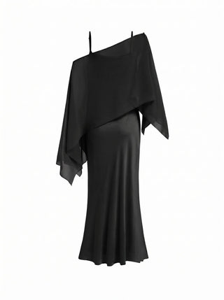 Satin Off-shoulder Cloak Sleeve Wrap Mermaid Maxi Dress