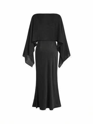 Satin Off-shoulder Cloak Sleeve Wrap Mermaid Maxi Dress