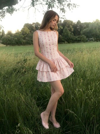 Cotton Floral Boat Neck Button Front Tiered Mini Dress