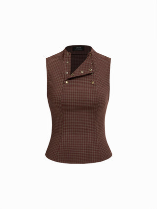 Plaid Stand Collar Sleeveless Blouse