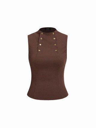 Plaid Stand Collar Sleeveless Blouse
