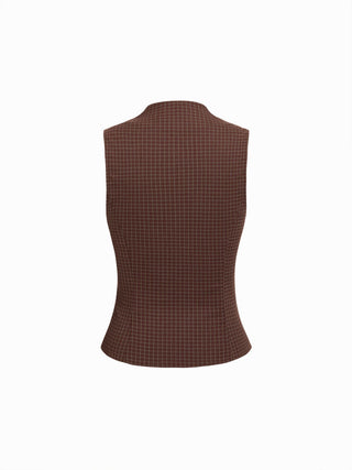 Plaid Stand Collar Sleeveless Blouse