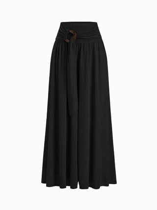 Mid Rise O-Ring Belted Ruched Draped Wide Leg Trousers