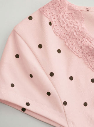 Cotton-blend Polka Dot V-neck Short Sleeve Lace Trim Bowknot Top