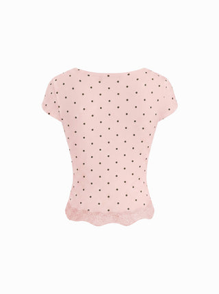 Cotton-blend Polka Dot V-neck Short Sleeve Lace Trim Bowknot Top