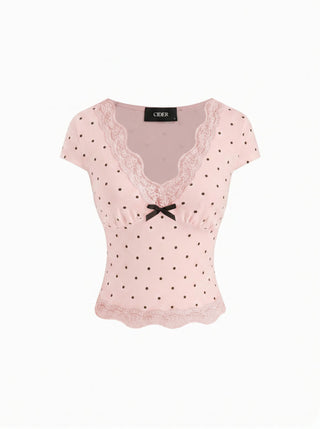 Cotton-blend Polka Dot V-neck Short Sleeve Lace Trim Bowknot Top