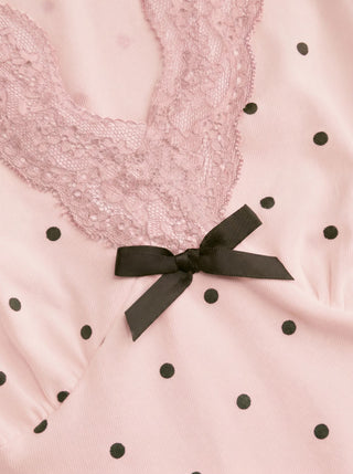 Cotton-blend Polka Dot V-neck Short Sleeve Lace Trim Bowknot Top