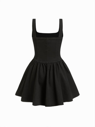 Denim Washed Square Neck Ruffled A-line Mini Dress