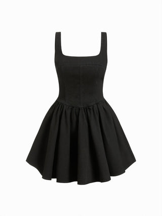 Denim Washed Square Neck Ruffled A-line Mini Dress