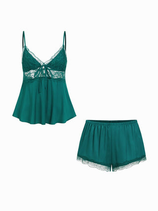 Satin V-neck Lace Trim Cami Top & Mid Rise Lace Hem Shorts Loungewear Set