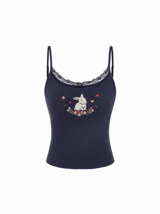 Bunny Graphic Sweetheart Neck Embroidery Lace Trim Bowknot Cami Top