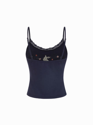 Bunny Graphic Sweetheart Neck Embroidery Lace Trim Bowknot Cami Top