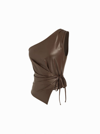 Faux Leather Asymmetrical Neck Ruched Drawstring Crop Top