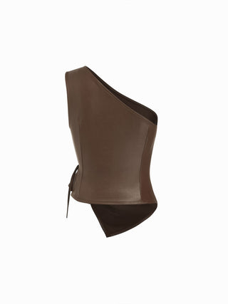 Faux Leather Asymmetrical Neck Ruched Drawstring Crop Top