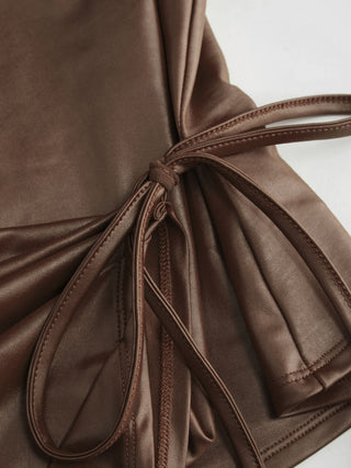 Faux Leather Asymmetrical Neck Ruched Drawstring Crop Top