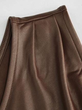 Faux Leather Asymmetrical Neck Ruched Drawstring Crop Top