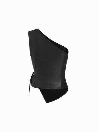 Faux Leather Asymmetrical Neck Ruched Drawstring Crop Top